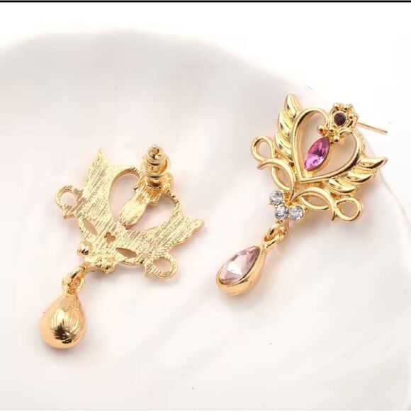 Sailor Moon Theme Post Drop Dangle Gold Tone With Pink CZ Earrings - Picture 5 of 6